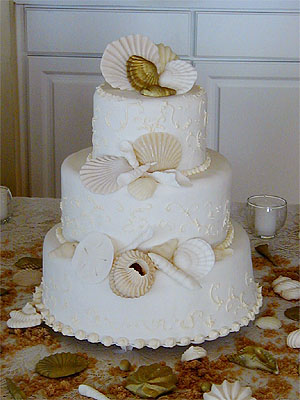 three layer seashell wedding cake with sand dollars