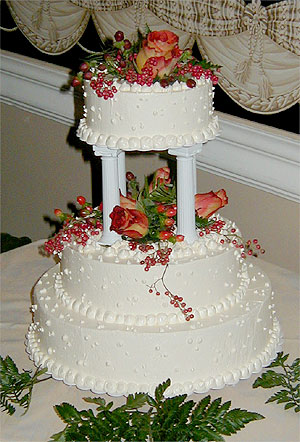 two-tier white cake with roses