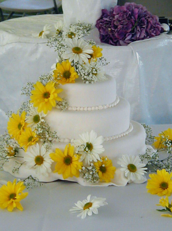 three layer cake with daisies